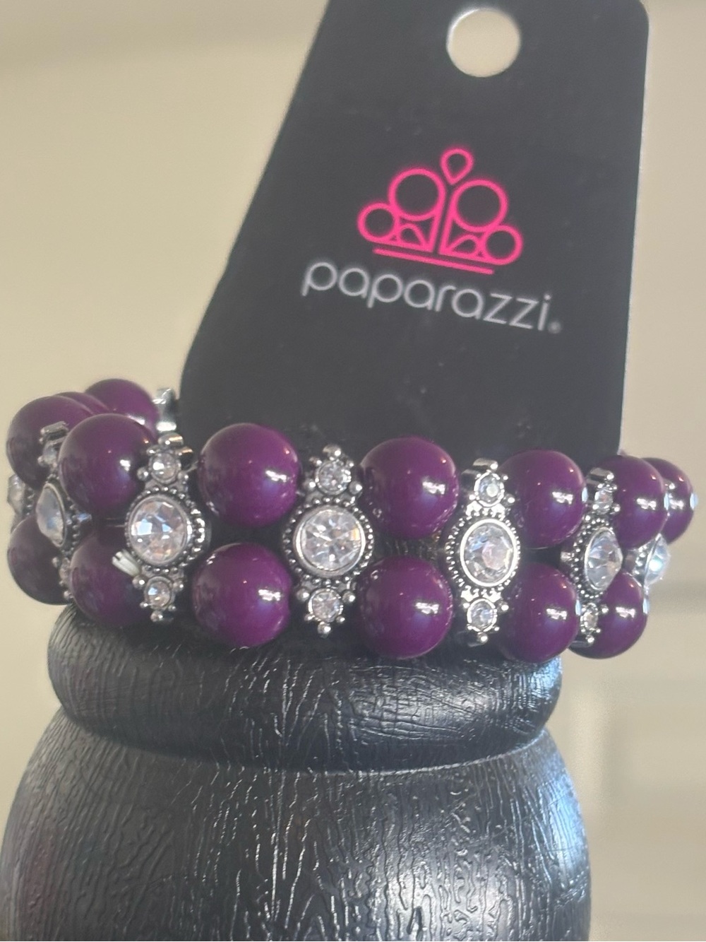 Paparazzi Purple Beaded Stretch Bracelet with Silver Rhinestone Accents